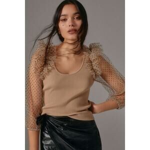 Dolan Medium Sheer Sleeve Sweater Top Brown Ribbed Polka Dot Ruffles Scoop Neck